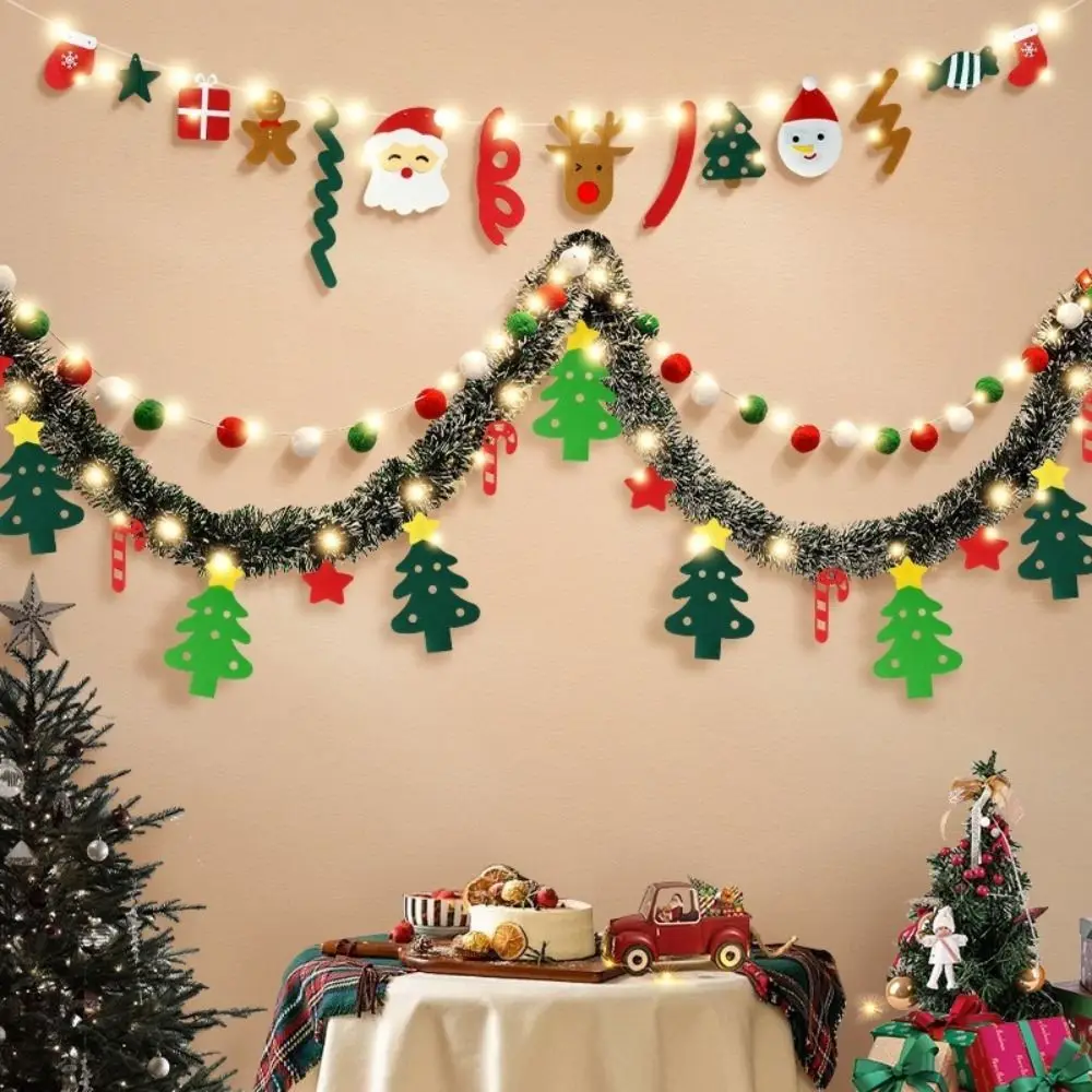 Festive Lights Felt Christmas Banner Decorated DIY Handmade Christmas Pendant Furry Balls LED String Light Christmas Party