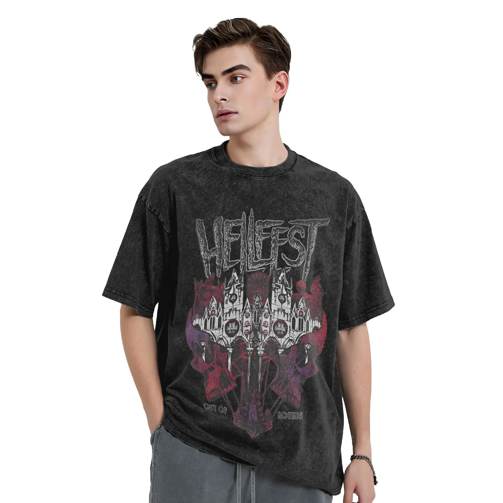 Funny Hellfest Music 2025 티셔츠 남성 크루 넥 100% 코튼 워시 티셔츠 반소매 티셔츠 플러스 사이즈상의