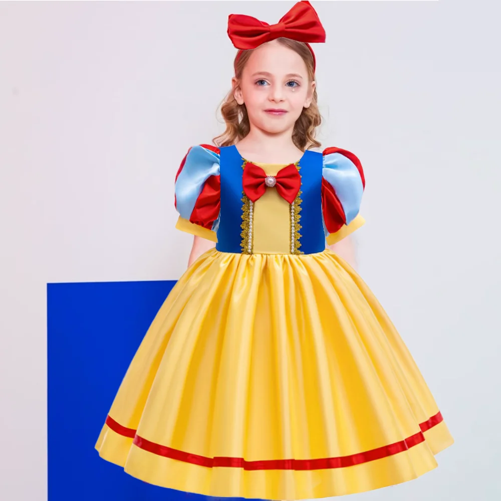 

Girls Yellow Snow White Princess Gown Kids Big Bow 2pcs Sets Fluffy Costume Girl Fashion Weekend Party Carnival Clothes Dresses