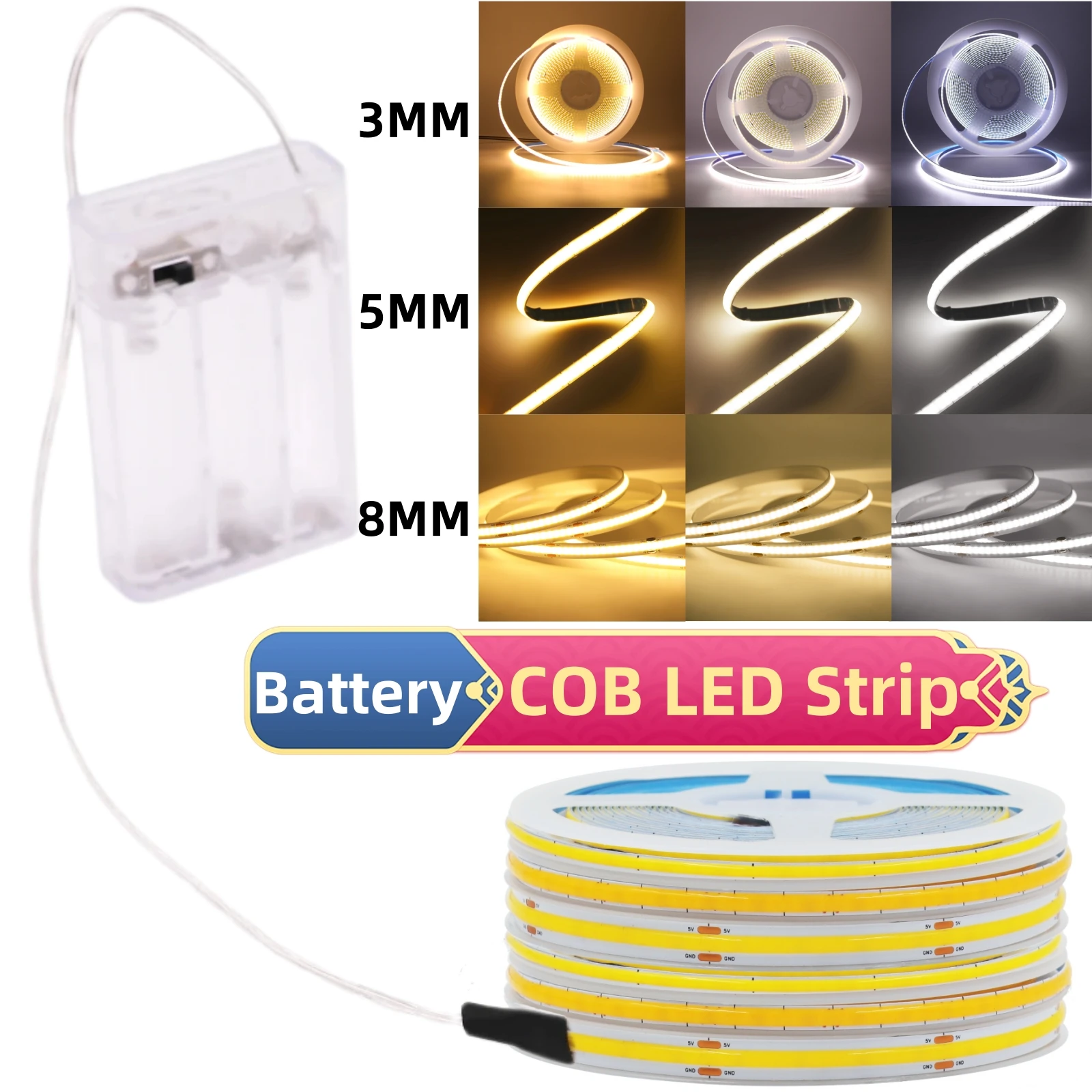 3mm 5mm 8mm 5V COB Led Strip with AA Battery Box Powered 320 LEDs/M Warm Natural Cool White Blue Red Tape for Room TV Backlight