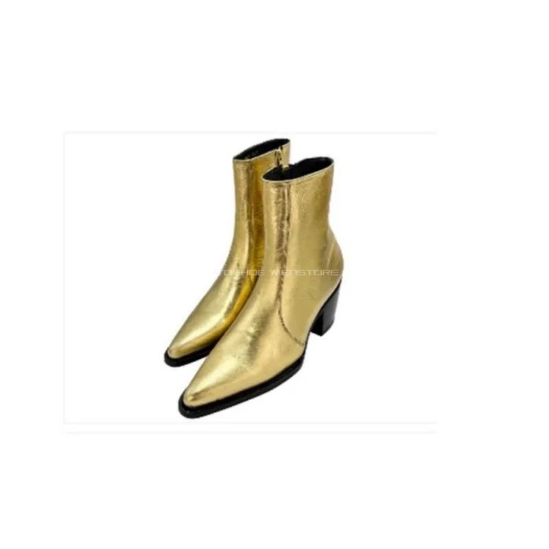 

Golden Leather Chelsea Boots Men's 2025 European and American New Style Pointed Toe 6Cm Thick Heels Ankle Boots Personalized