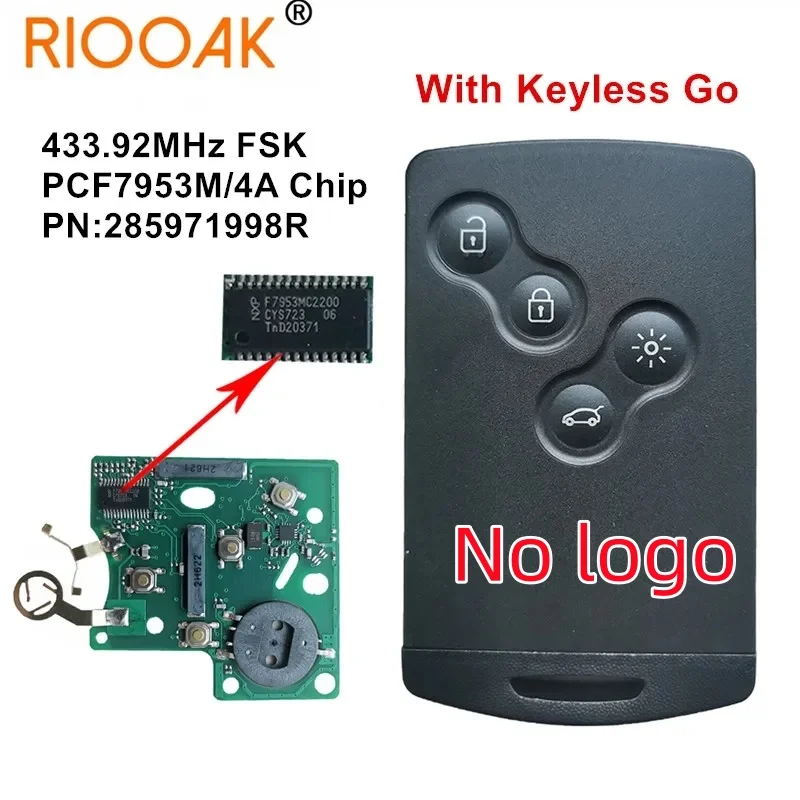 Sem logotipo 285971998R PCF7953M 4A Chip 433 MHZ Chave inteligente sem chave para Renault Clio IV Captur 2009 2010 2011 2012 2013 2014 2015 2017