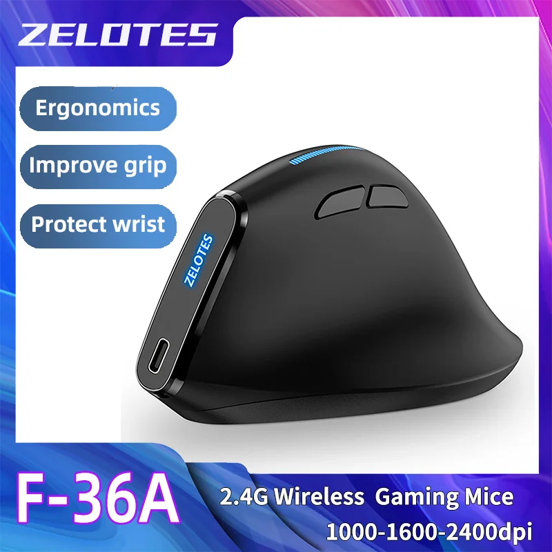 ZELOTES F36A Vertical Handheld Wireless Mouse 2.4G Wireless Rechargeable Laptop Mouse 6-button Optical mouse 3 level DPI mouse