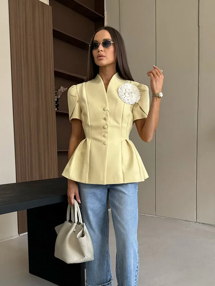 سترات نسائية أنيقة بأكمام قصيرة وخصر نحيف سترات أنيقة ذات ثنيات صلبة واحدة الصدر سترة قصيرة بدلة 2025 ملابس مكتب سيدة جديدة #2