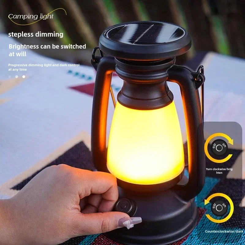 Retro Charging Solar Camping Light Portable Camping Charging Atmosphere Light Wall Mounted Outdoor Tent Lighting Kerosene Lamp