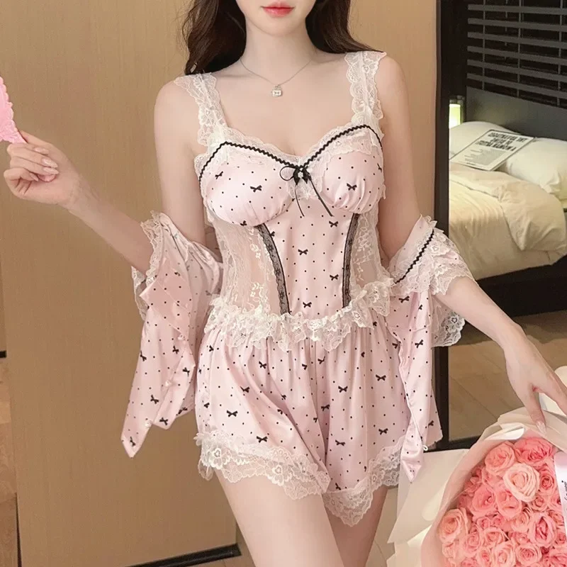 

Polka Dot Ice Silk Pajamas Women's Set Sexy Suspender Shorts With Chest Pads Spring And Autumn Four Piece Set