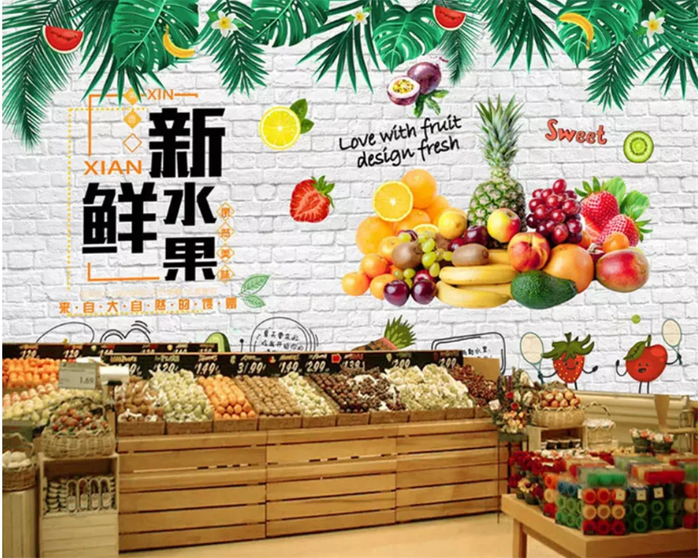 beibehang Customized modern vegetable and fruit shop background supermarket fruit juice wallpaper papel de parede wall paper