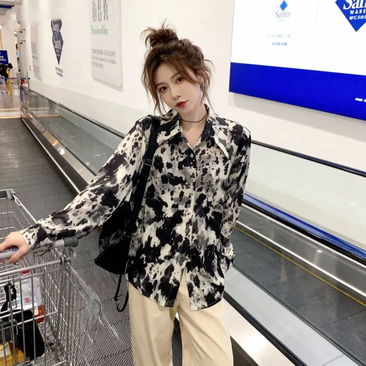 

Loose Long Sve Women's irt Casual Sle Printed Outerwear Cold Wind Water Ink Spring Faion Design Top Polyester Fiber