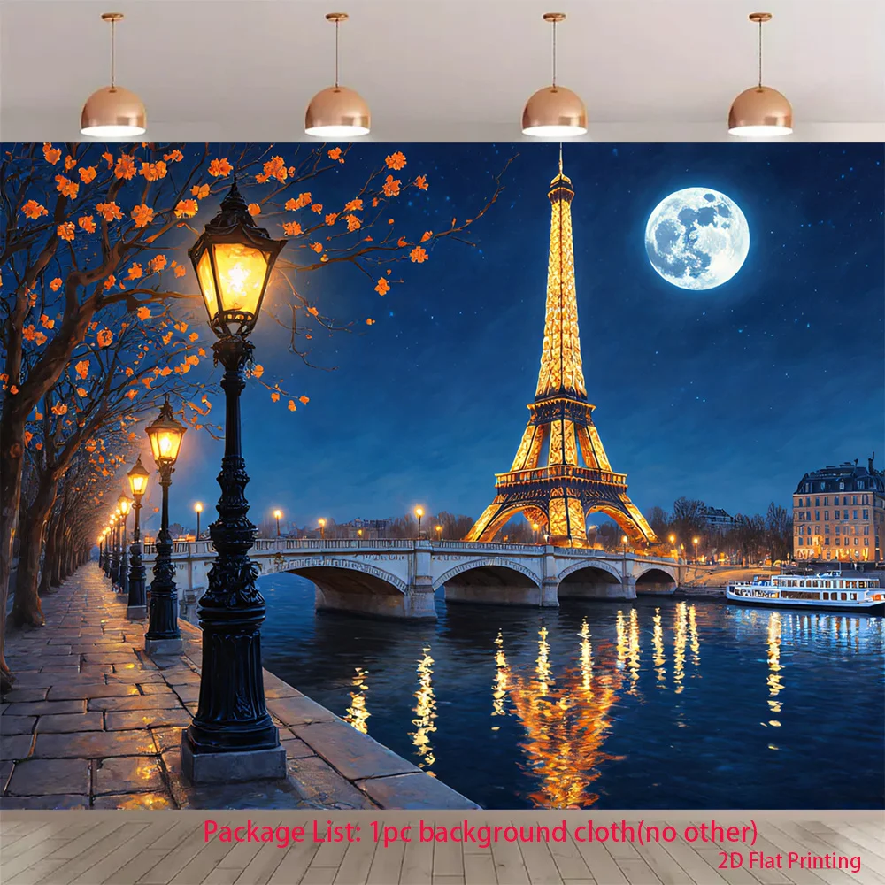 Paris Eiffel Tower Night Moon River Street Lamp 2DFlat Tapestry Backdrop For Bedroom Decor Romantic France Wall Hanging ArtPrint