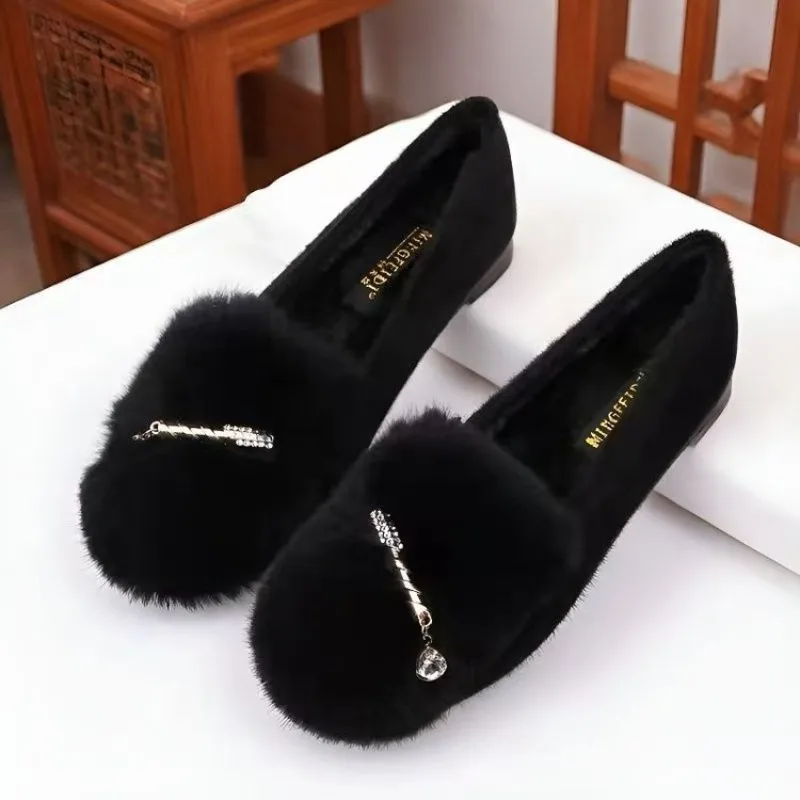 Black Furry Loafers Women Plush Slip On Rhinestone Heart Pendant Round Toe Warm Cozy Versatile Winter Casual Mom Shoes view 3