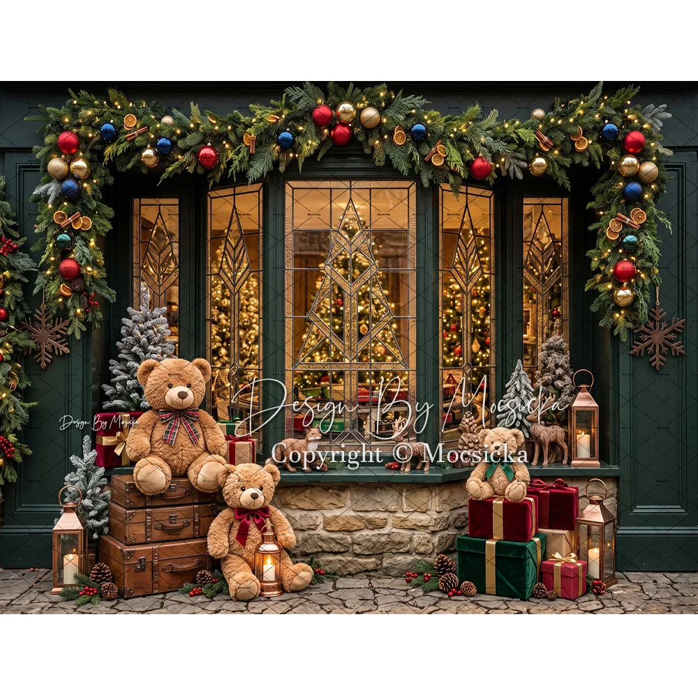 Mocsicka Christmas Gifts Shop Backdrop Photography Garland Light Toy Bear Window Background Kid Family Winter Xmas Photo Studio