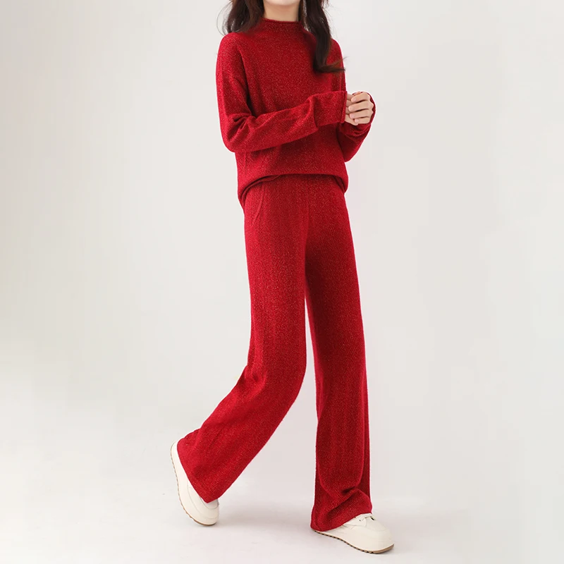 Conjunto rojo de lana de alta calidad para mujer, traje de punto informal holgado de Cuello medio alto, pantalones de pierna ancha, traje de 2