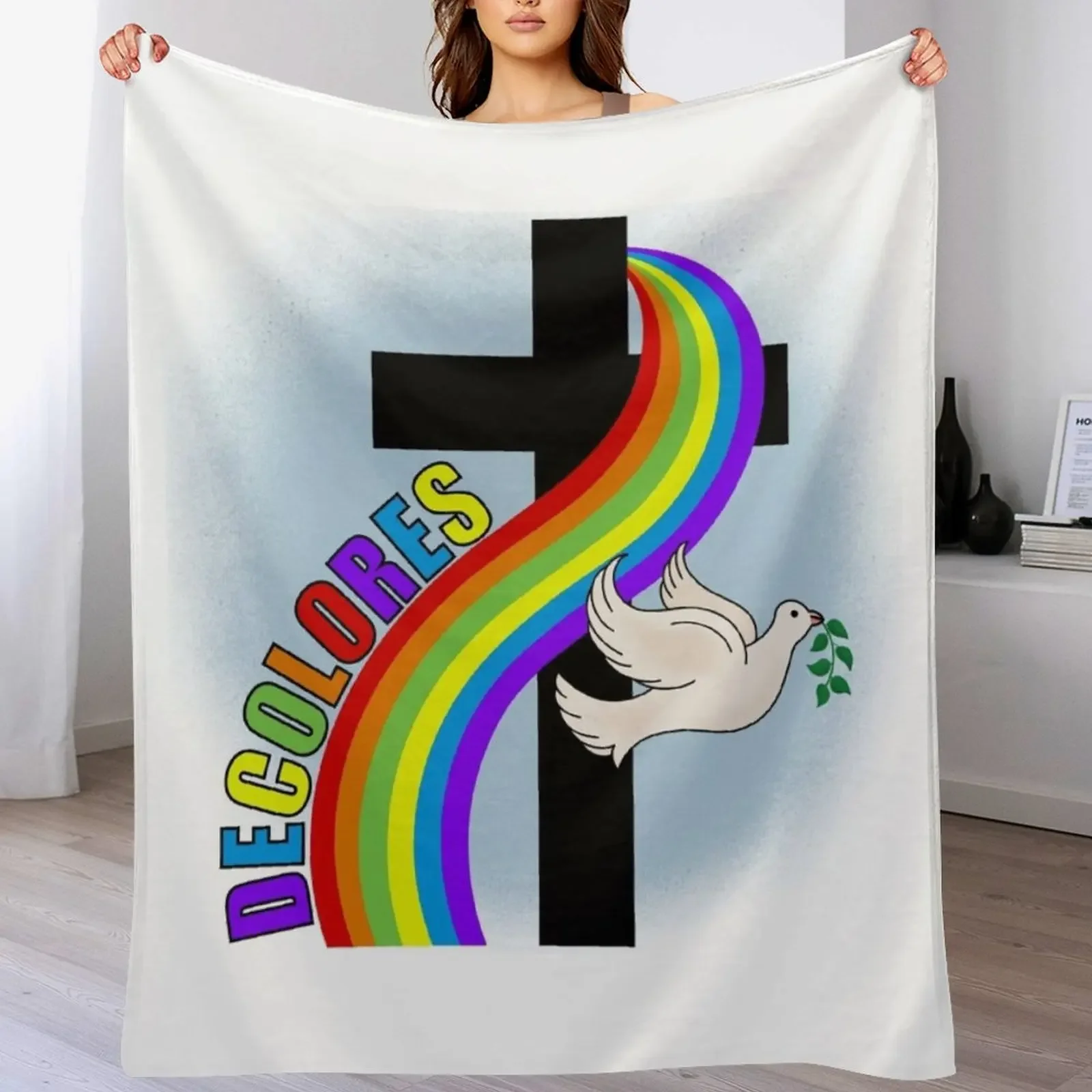 DeColores Cursillo Rainbow With Cross and Peace Dove (White) Throw Blanket Warm Cozy Throw Blanket for Living Room Couch