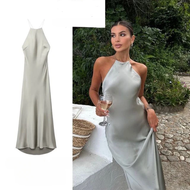 Spring Summer New Women's Dress Satin Feeling Sleeveless Dress European American Style Banquet Sexy Dress Evening Dresses Y2k