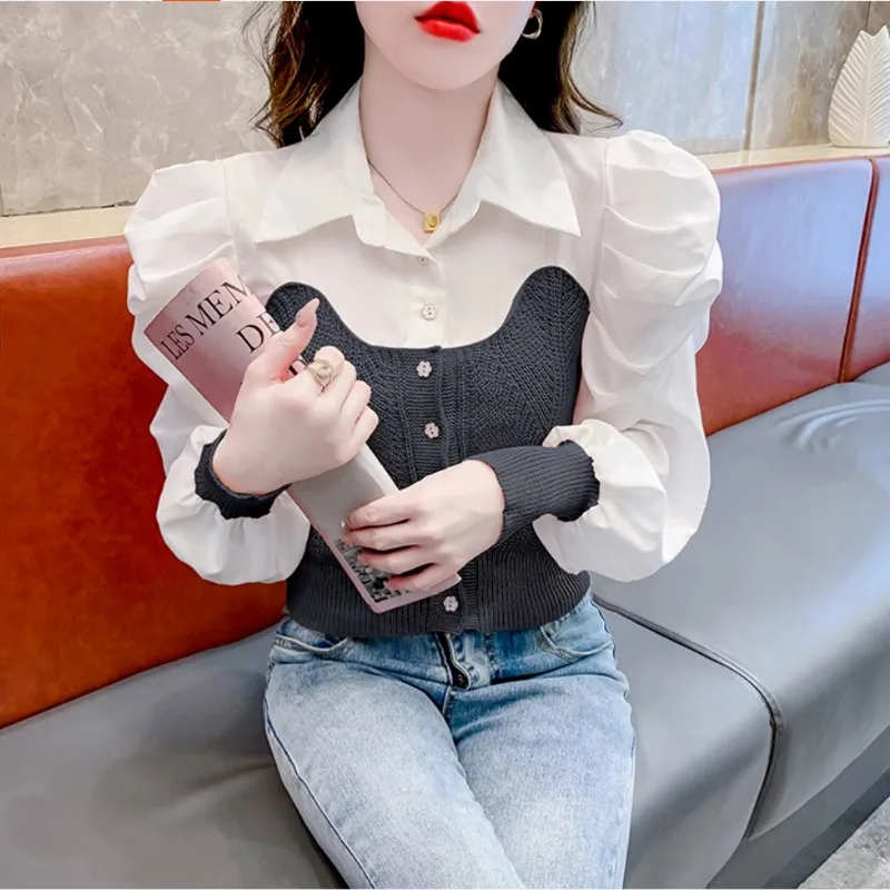 Women Stylish Knitted Patchwork Fake 2 Pieces Short Shirts Autumn Elegant Chic Sweet Blouses Female Casual Long Sleeve Slim Tops