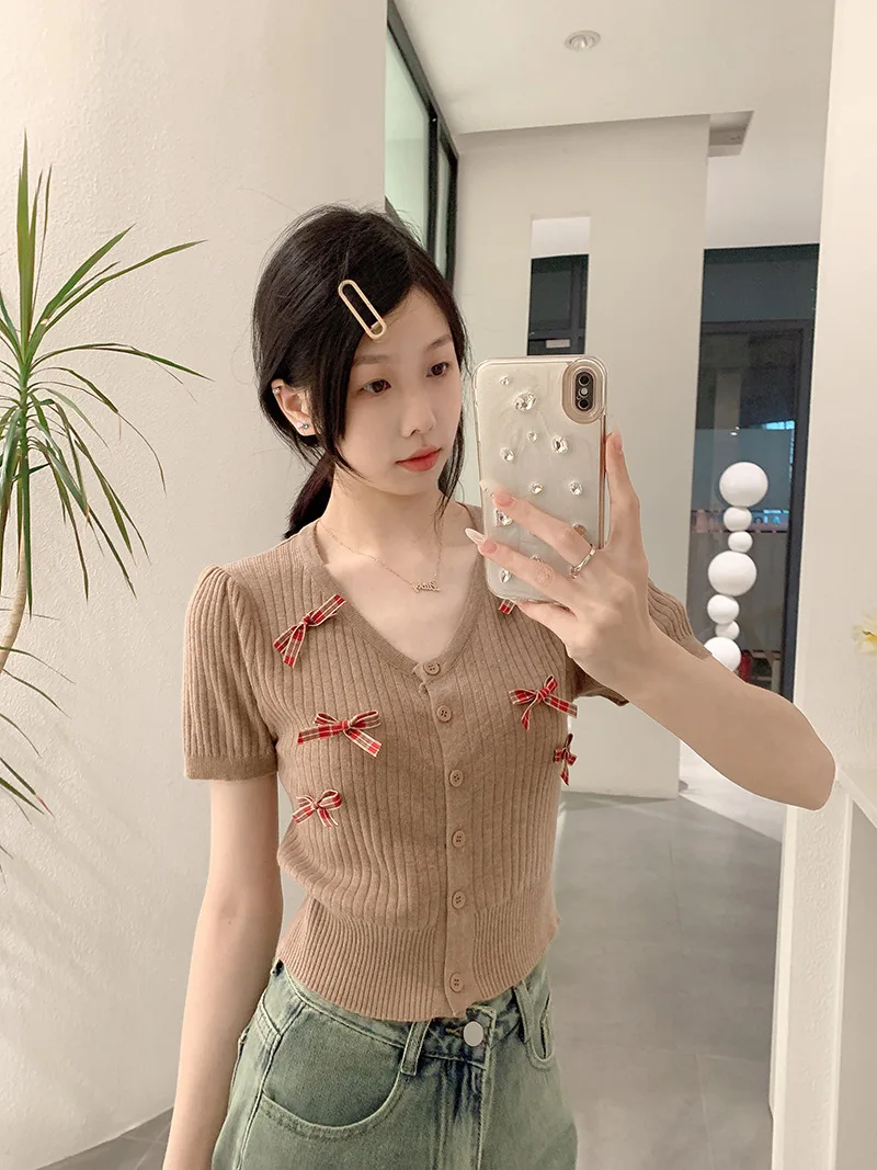 Bow Knitted Top Women Summer Thin Short Sleeve Slim Cropped Top