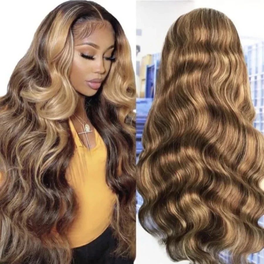 13x4 Hd Highlight Ombre Body Wave Wigs Human Hair P4/27 Blonde Brown Wig13x6 Lace Frontal Wig 30 Inch Wigs For Women On Sale