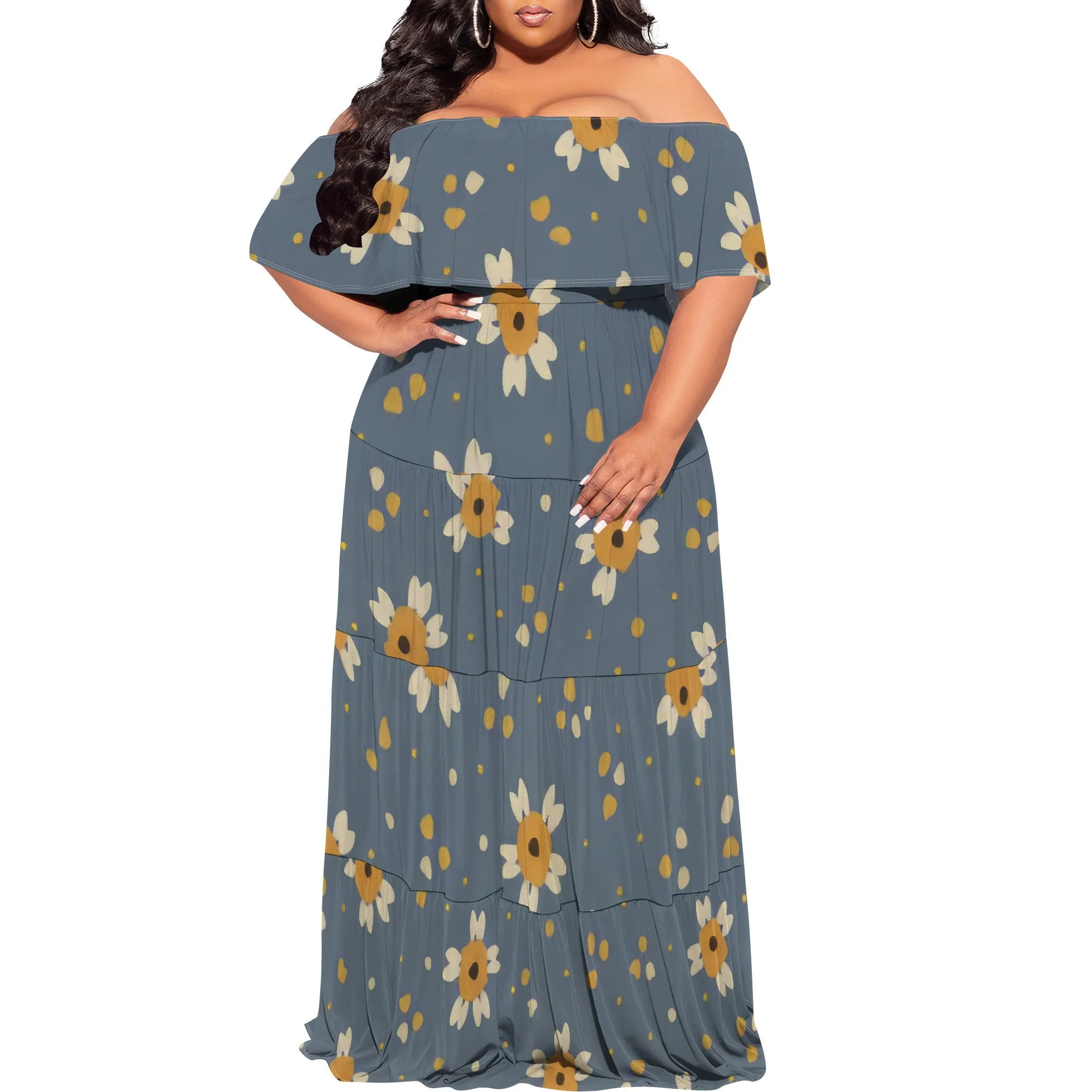Abito da donna con spalle scoperte Abito lungo da spiaggia casual estivo con stampa floreale hawaiana sexy lungo fino al pavimento