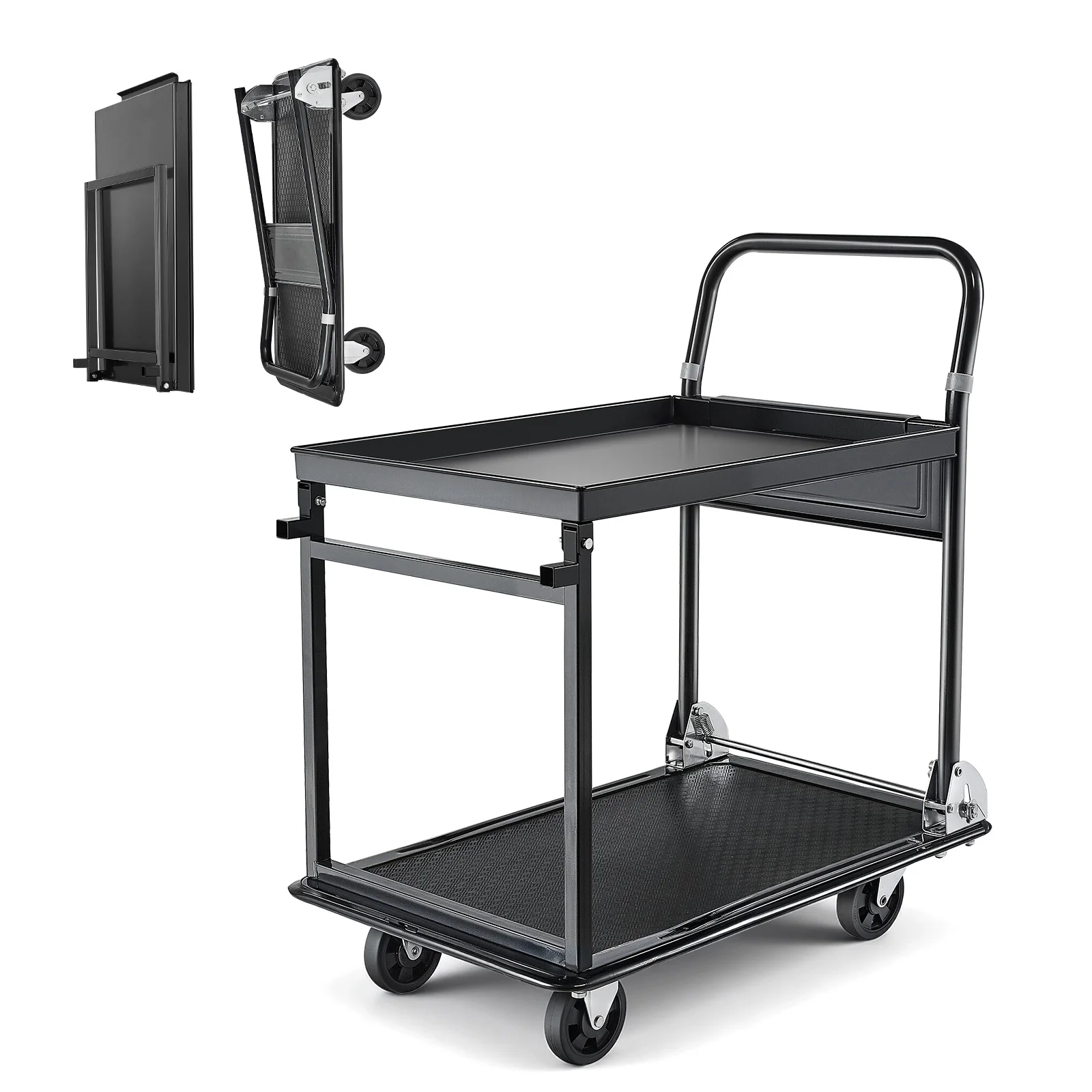 

SucceBuy 700 lbs 2 Tier Foldable Heavy Push Cart Dolly Platform Hand Truck with Wheels Moving Flatbed Cart for Warehouse Garage