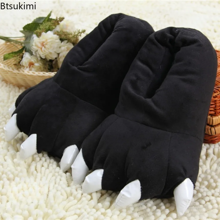 New Winter Warm Soft Indoor Floor Slippers Parent Child Shoes Paw Funny Animal Christmas Monster Dinosaur Claw Plush Home Shoes view 6