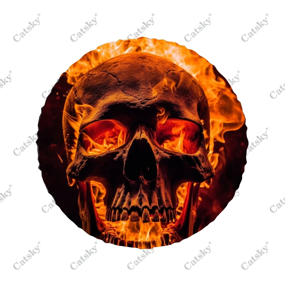 Spooky Scary Burning Skull Polyester Universal Spare Wheel Tire Cover Custom Tire-Covers for Trailer RV SUV Truck Camper