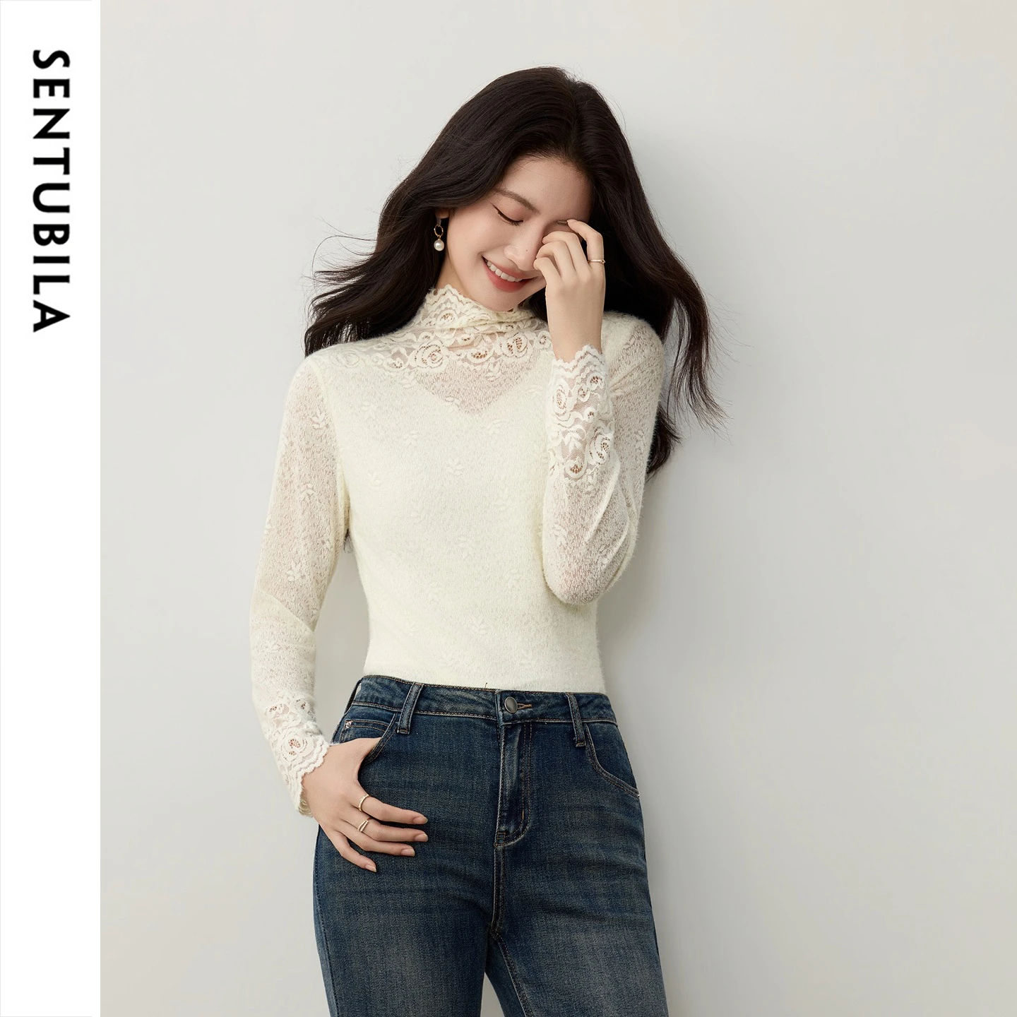 SENTUBILA Women's Long Sleeve Tops 2026 Winter Embossed Floral Lace Blouse Mock Neck Velvety Touch Elegant Clothing W64SA8940