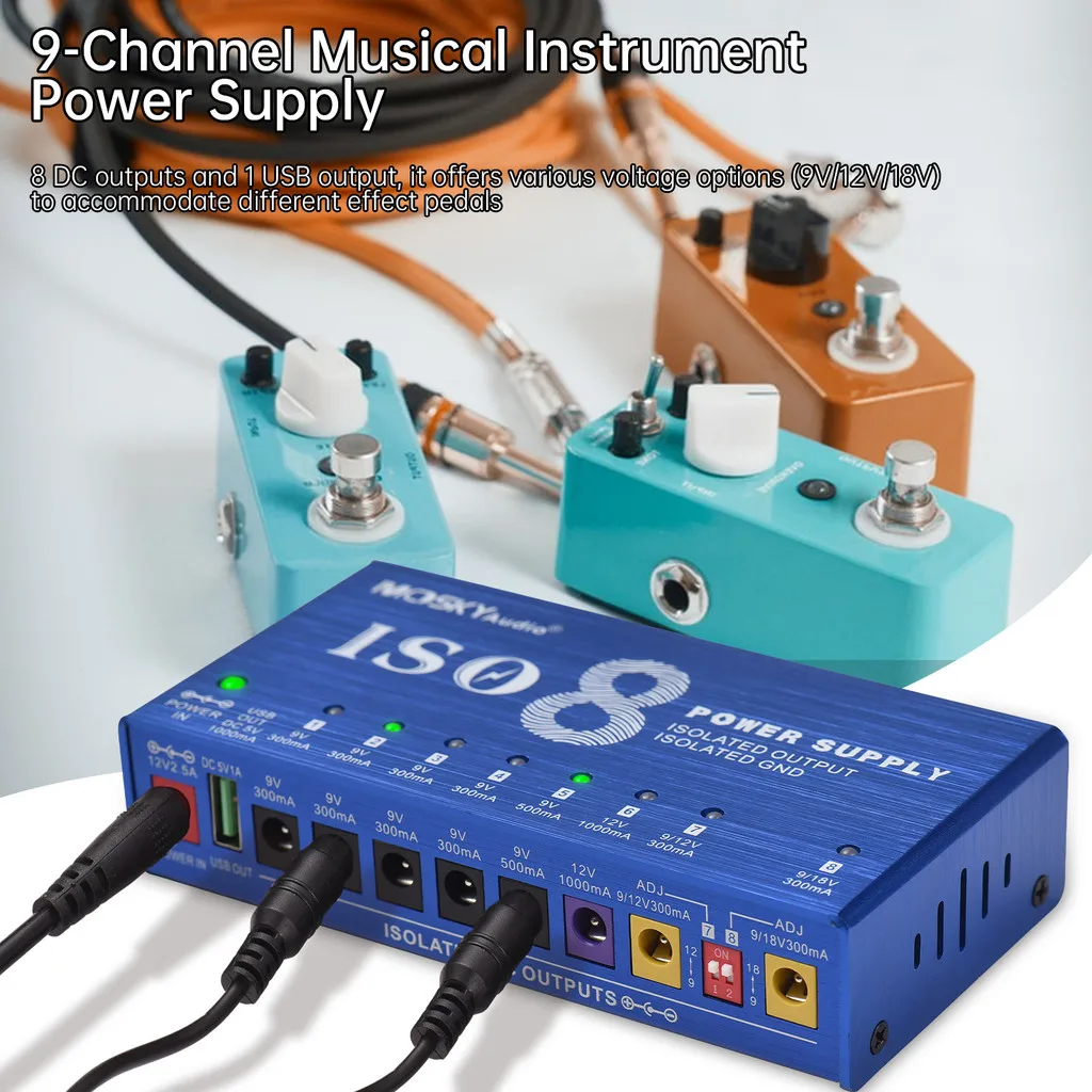 

MOSKYAUDIO 9-Channel Power Supply for Guitar Effect Pedal with Independent Short Circuit Protection LED Power Indicator Pedal