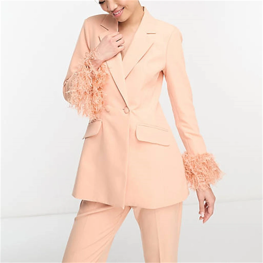 Feather Detail Women 2-Piece Suit Set One Button Chic Slim Fit Girl Tuxedo Set Pantsuit Jacket Trousers Set