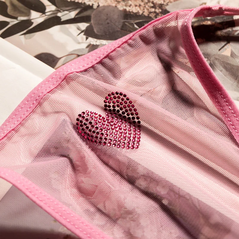 Lace Mesh Women Briefs Sexy Thong Transparent Rhinestones Heart Panties Underwear Girls G String Lingerie Fitness T Back view 5