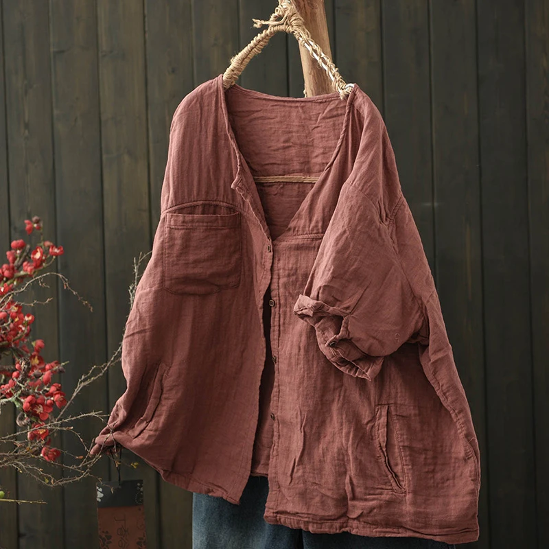 오버사이즈 여성 캐주얼 코튼 셔츠 신상 2025 여름 빈티지 스타일 O넥 단색 루즈핏 여성 탑 셔츠 T624