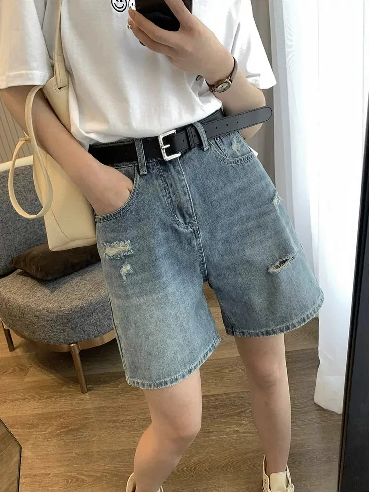 

High Waist Distressed Straight Leg Denim Shorts for Women Summer New plus Size Pear Shape Body Slimming Wide Leg Five Shorts