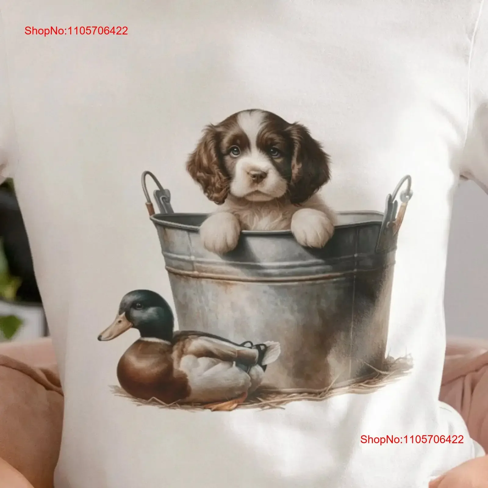 Adorable Springer Spaniel Puppy Duck Art T Shirt Animal Lovers Cute Pet Illustration Unique Casual vintage Washed