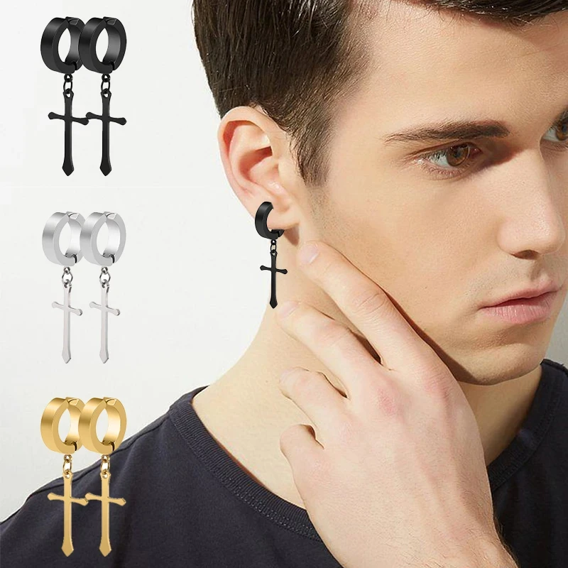 1/12 Pairs Magnetic Stud Earrings Stainless Steel Non Piercing Cross Dangle Hoop Earrings Unisex Clip on CZ Magnet Earring Set