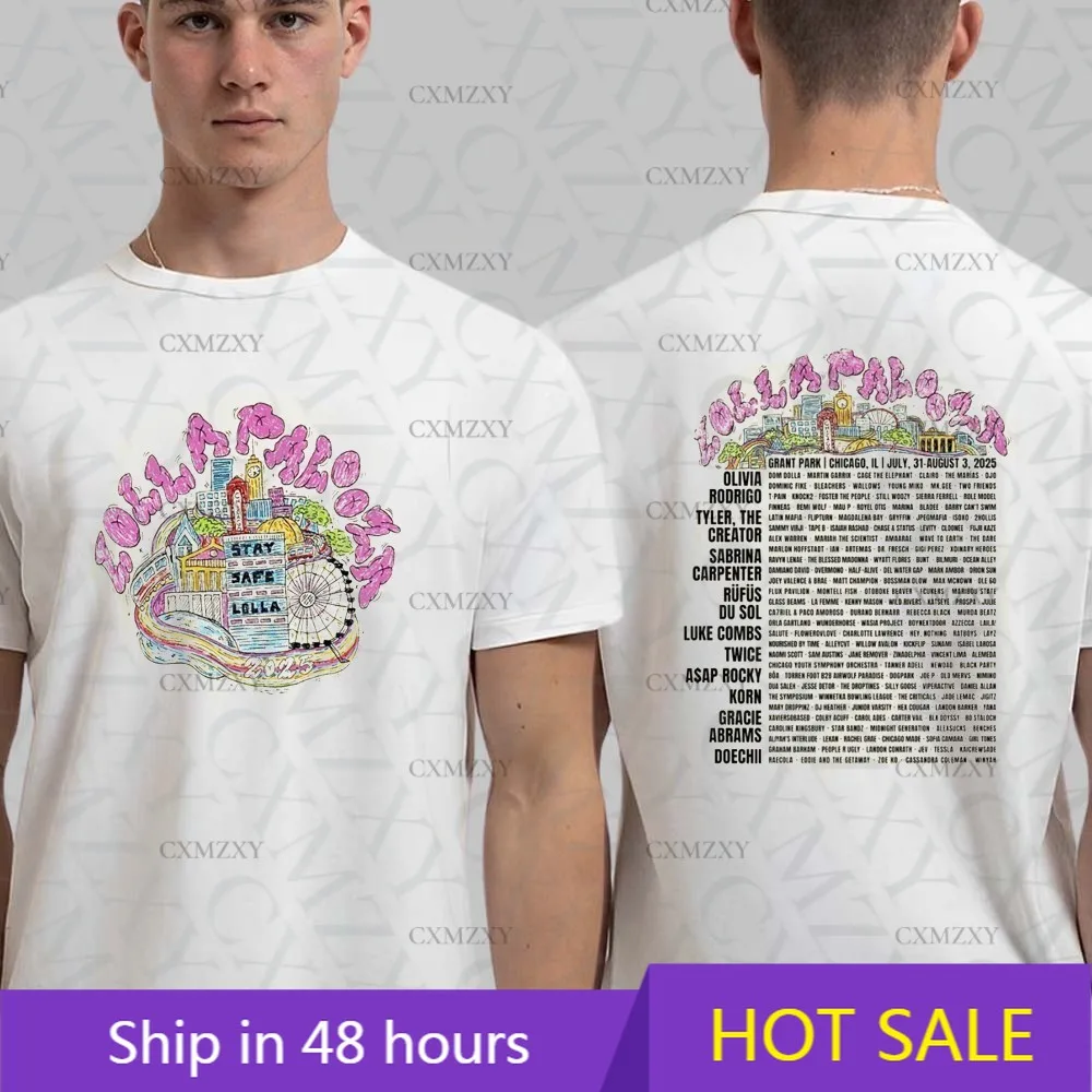 حار!!! تي شيرت Lollapalooza Skyline Lineup 2025 مصنوع من القطن بنسبة 100% #1