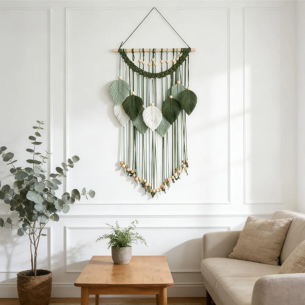 

Boho Macrame Wall Hanging with Leaf & Wood Beads, Handmade Cotton Woven Tapestry Wall Decor