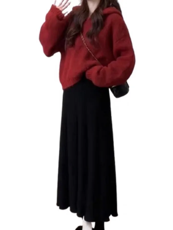 Loose Fit Red Kapuzenpullover Damen Herbst Winter ort Strickoberteil Easy Wear Casual Sle Fce Gefütterter Hoodie Neujahrsfa...