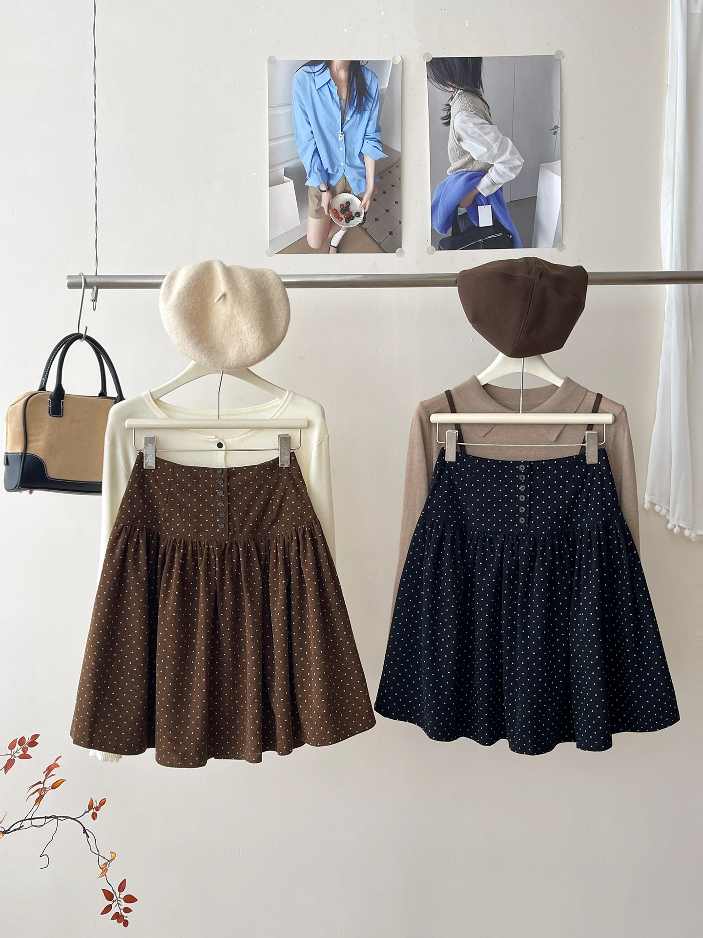 Miu Series Retro Polka Dot Single Button Corduroy Flower Bud mid Skirt Women Autumn Versatile Puffy Half Skirt Korean Style