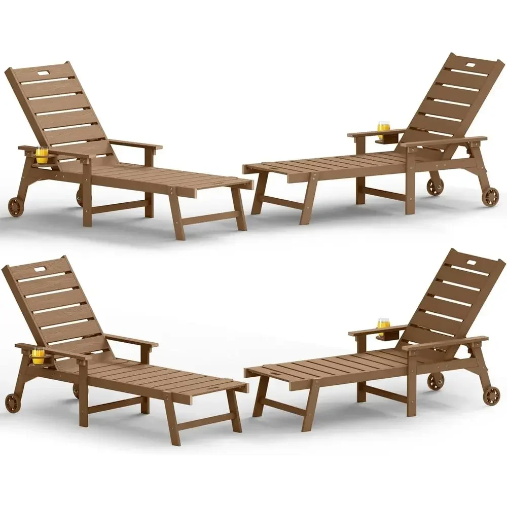 4-Piece Outdoor Lounge Chair Set: Adjustable Backrest, Cup Holders, Wheels, Weather-Resistant Teak for Patio, Deck, Beach