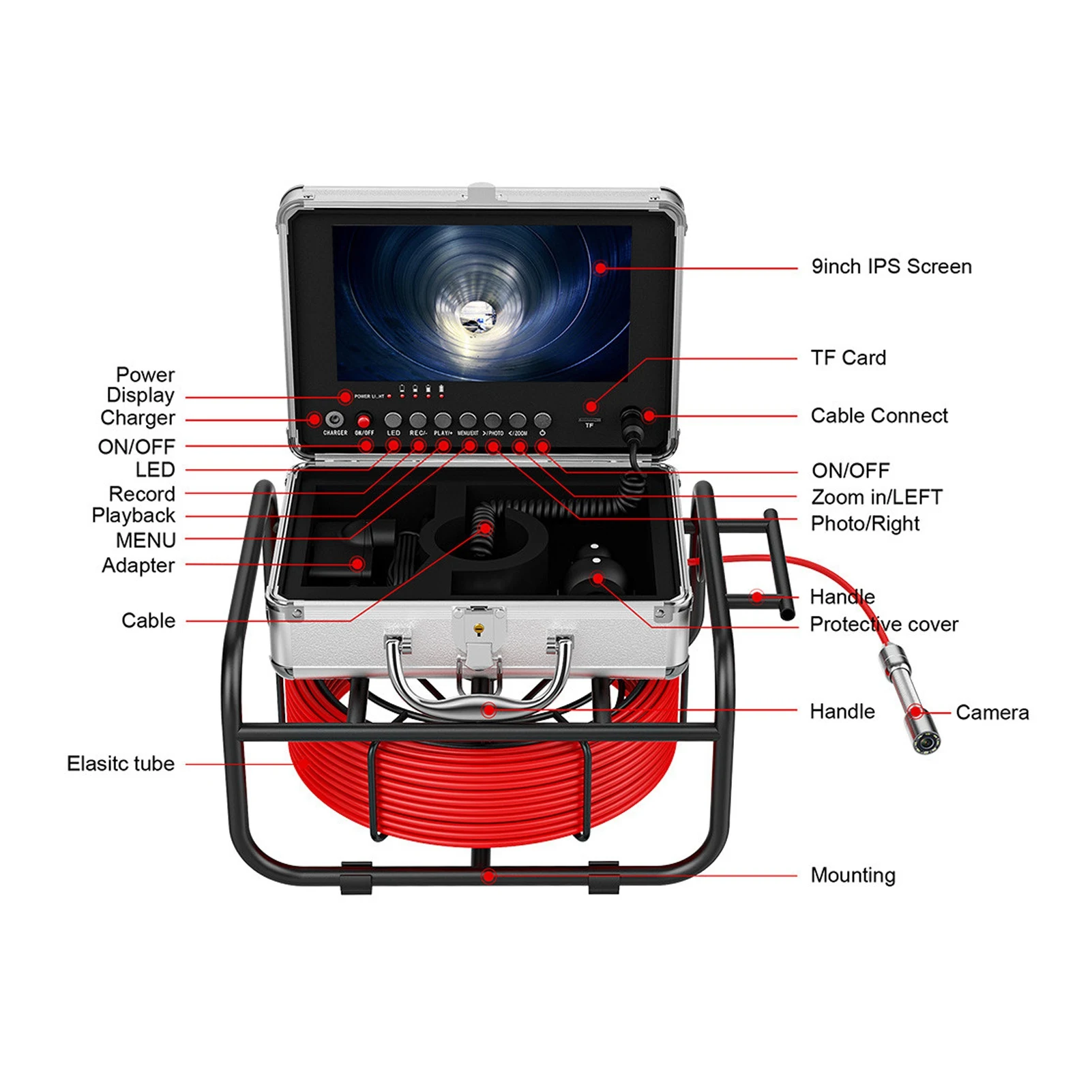 Pipe Endoscope Camera AHD 720P 8 Adjustable LED Light 9in LCD Display Sewer Camera 17mm Dia Sewer Camera Pipe Inspection Camera