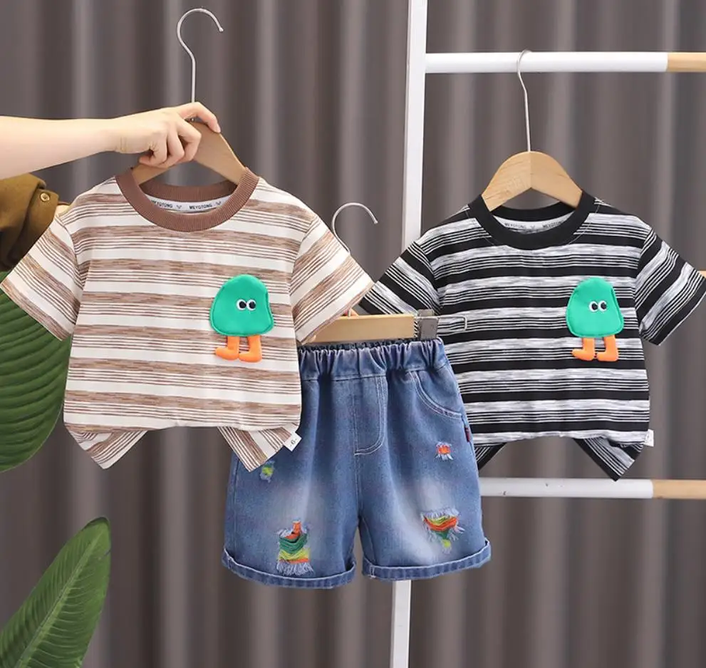 Setelan baju bayi cowok 1-5 tahun, setelan baju bayi lelaki musim panas, kaus oblong garis kartun, baju + celana pendek Denim, baju olahraga anak