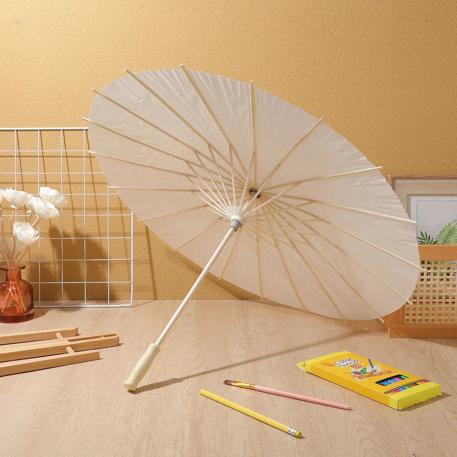 5Pcs 23.6 Inch Natural Material White Oil-Paper Umbrellas Handmade Chinese Style Paper Parasols for Childrens Art Projects