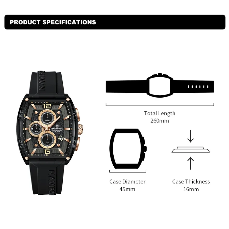 NAVIFORCE العلامة التجارية عالية الجودة العسكرية الرياضة الرجال الساعات كوارتز 50 متر مقاوم للماء سيليكون حزام تاريخ الساعات الأصلية للرجال 2025