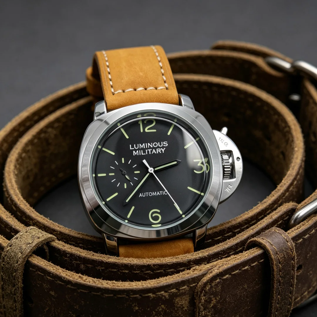 Relógio Masculino Automático Mecânico Militar de 46mm com Mostrador Luminoso e Pulseiras de Couro Genuíno Preto e Marrom - Clássico, Luxuoso e Moderno
