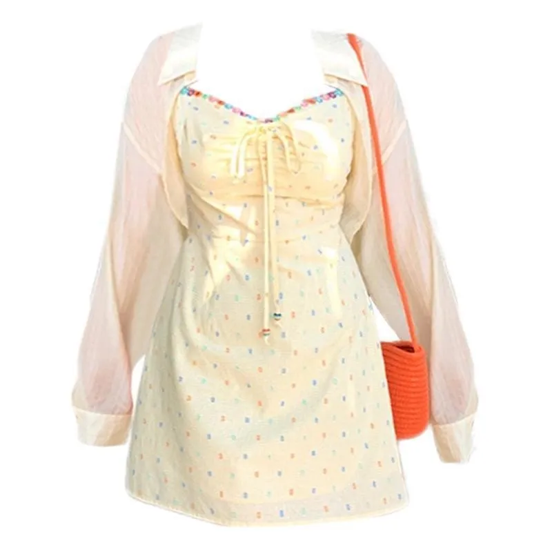 プラスサイズ 花柄プリント レディース 夏用ストラップ付き日焼け止め服 ツーピースセット カジュアル エレガント Aラインスカート