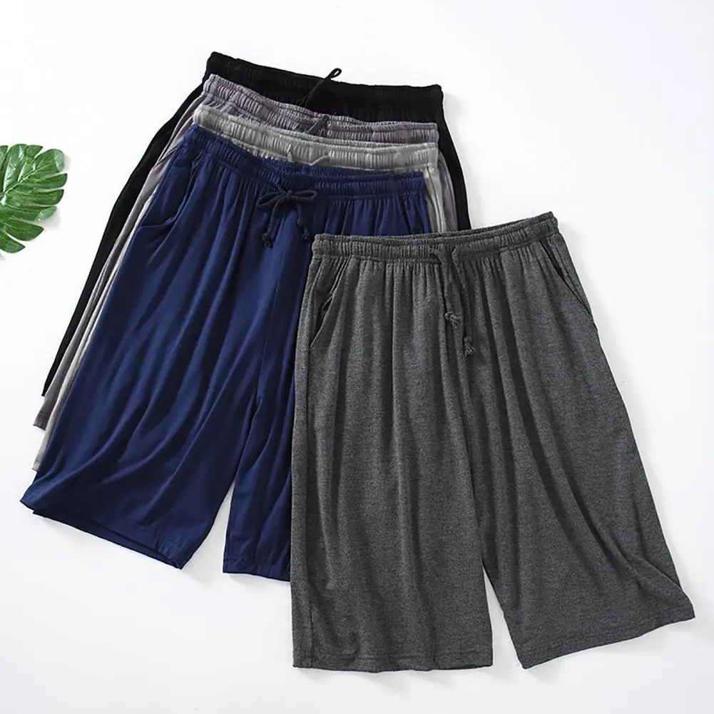 Men Summer Shorts Solid Color Loose Elastic Waist Drawstring Deep Crotch Keep Cooling Comfortable Pockets Plus Size Knee-length