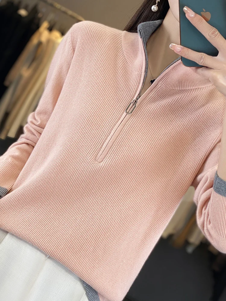 Fashion Women Zipper Mock-neck Pullover 100% Merino Wool Sweater Autumn Winter Casual Warm Color Knitwear Jumper Clothing