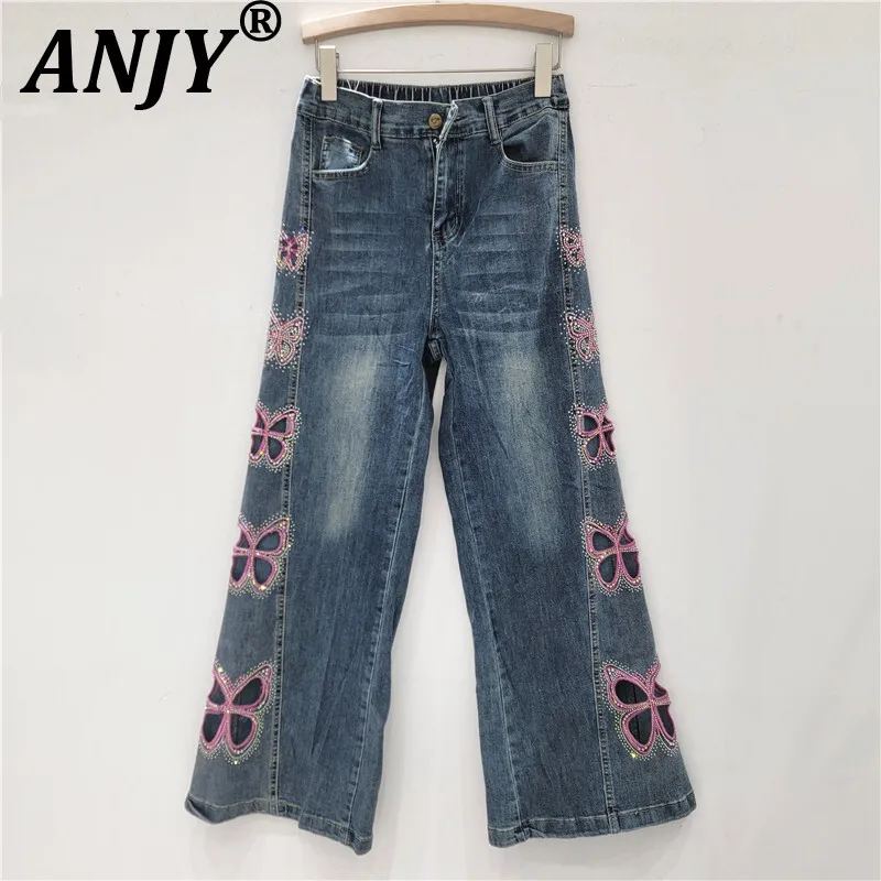 

ANJY Autumn New Women Y2K High Street Studded Diamonds Embroidery Hollow Out Denim Pants Ins Trendy Stylish Wide Leg Jeans A8585