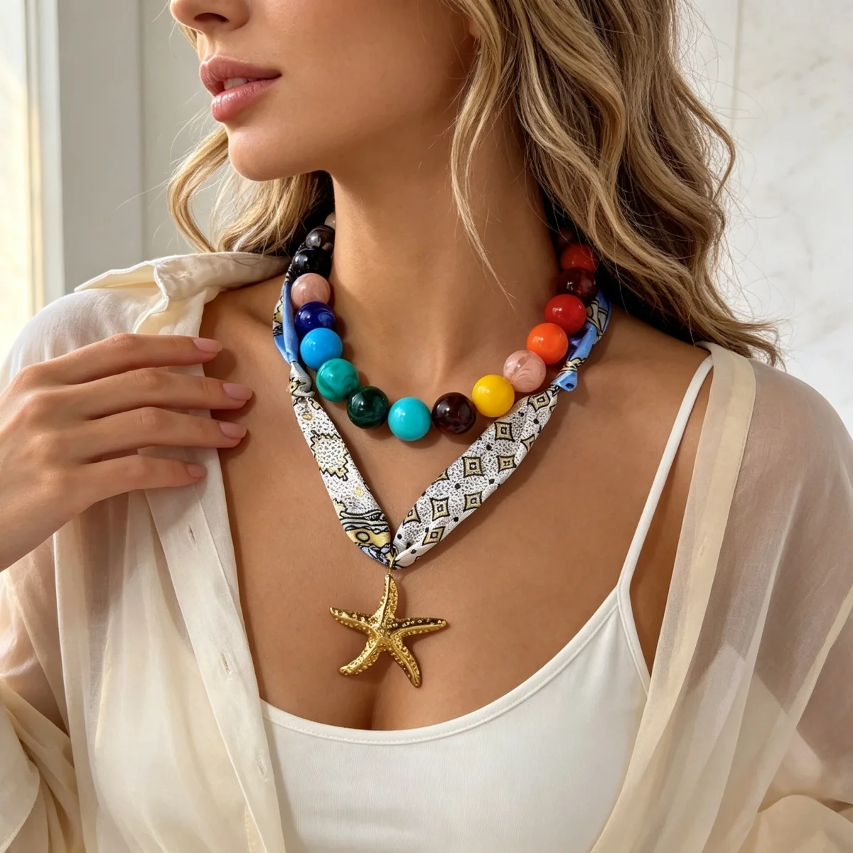Bunter Acryl-Rundperlen-Schal mit Aufdruck, Seestern-Halskette für Frauen, Doppelschichtiger Edelstahl-Stern-Choker-Schmuck – Detail 8