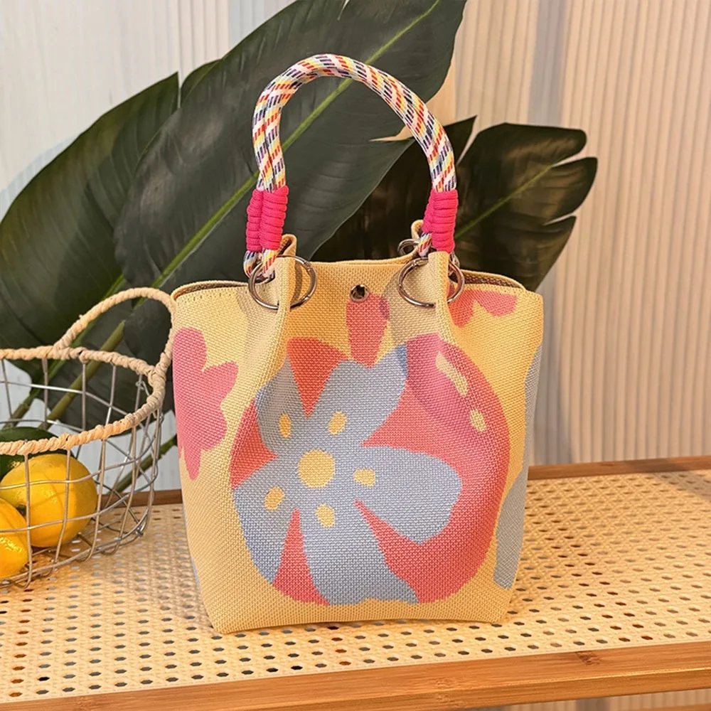 

Cute Cartoon Knitted Bucket Bag Handmade Large Capacity Shoulder Bag Woven Ring Buckle Wrist Bag for Women Girls