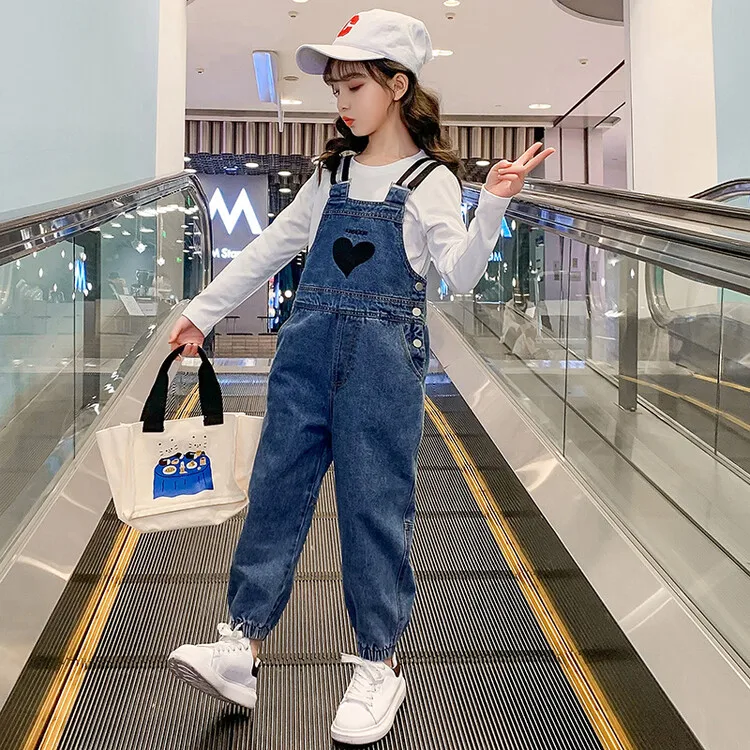 Teen Girls Denim Overalls Autumn Heart Print Girls Suspender Pants Casual Teenage Children\'s Rompers Jumpsuits 6 8 10 12 14 Y